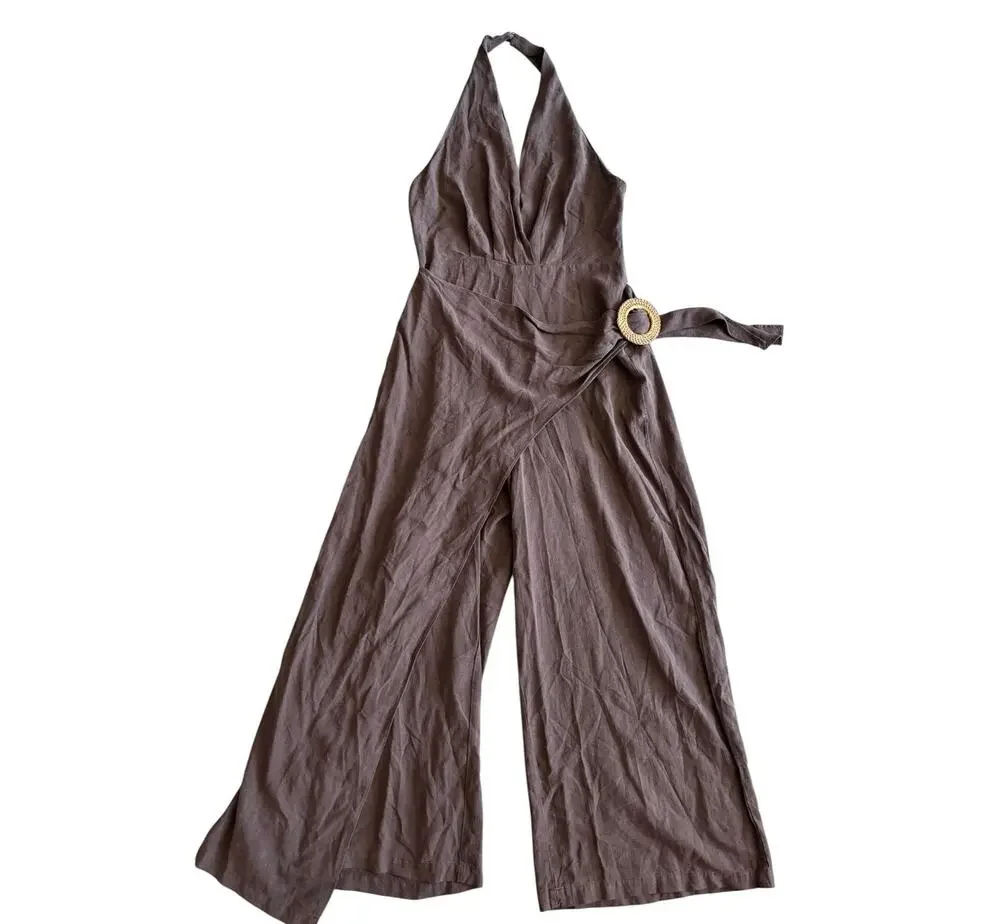 ZARA BROWN LINEN-LIKE JUMPSUIT NWT SIZE LARGE- FLAW